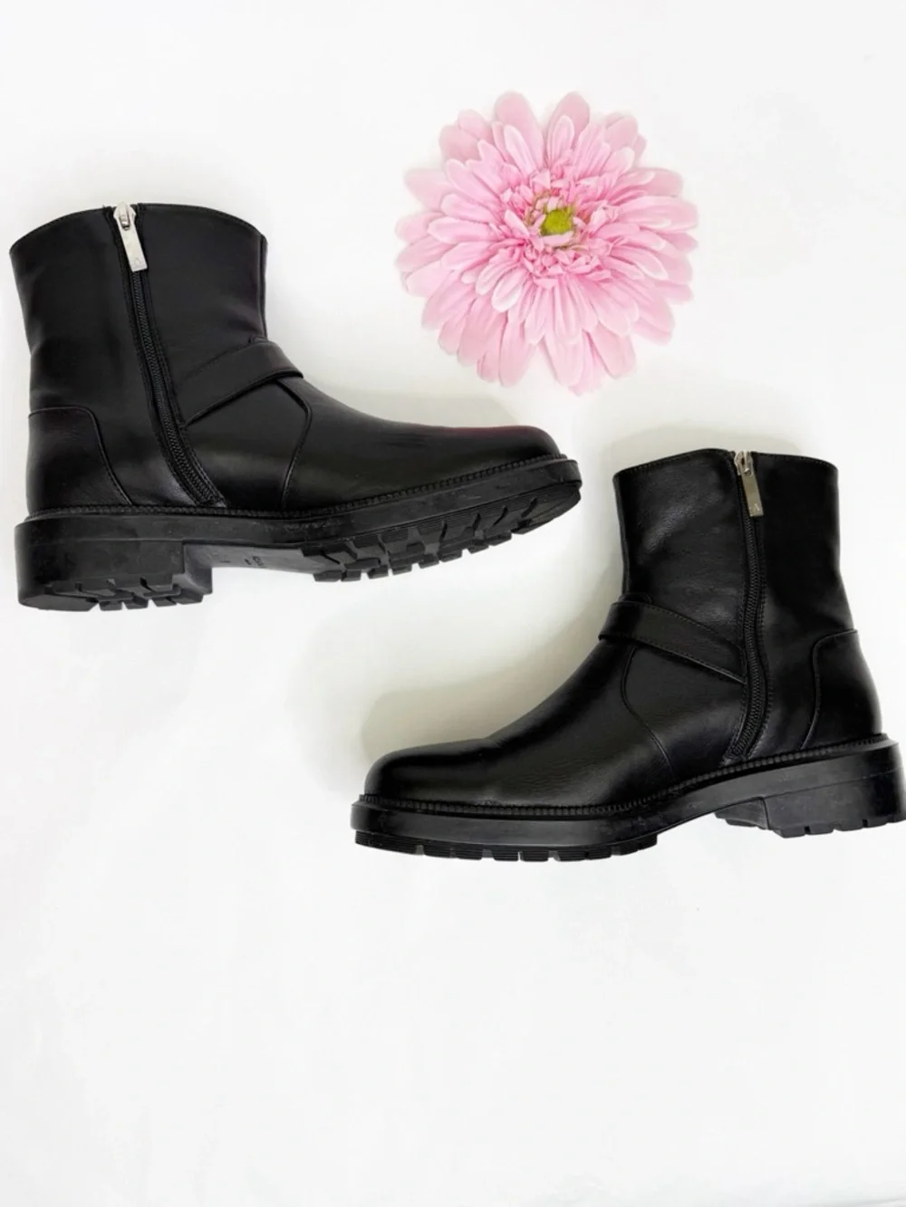 Aquatalia Lillie Moto Leather Ankle Boots Buckle Black Silver